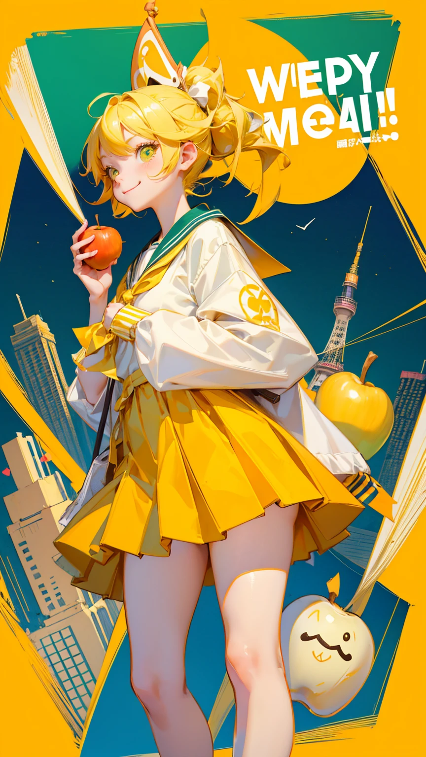 A cute girl Standing straight pose, looking at camera, with yellow hair and big eyes wearing a sailor suit, holding an apple in her hand, happy smiley face emotion, with Tokyo Tower behind her. A school band is playing musical instruments in background. The color scheme is yellow-green. Easy KYC" text on the bottom of image