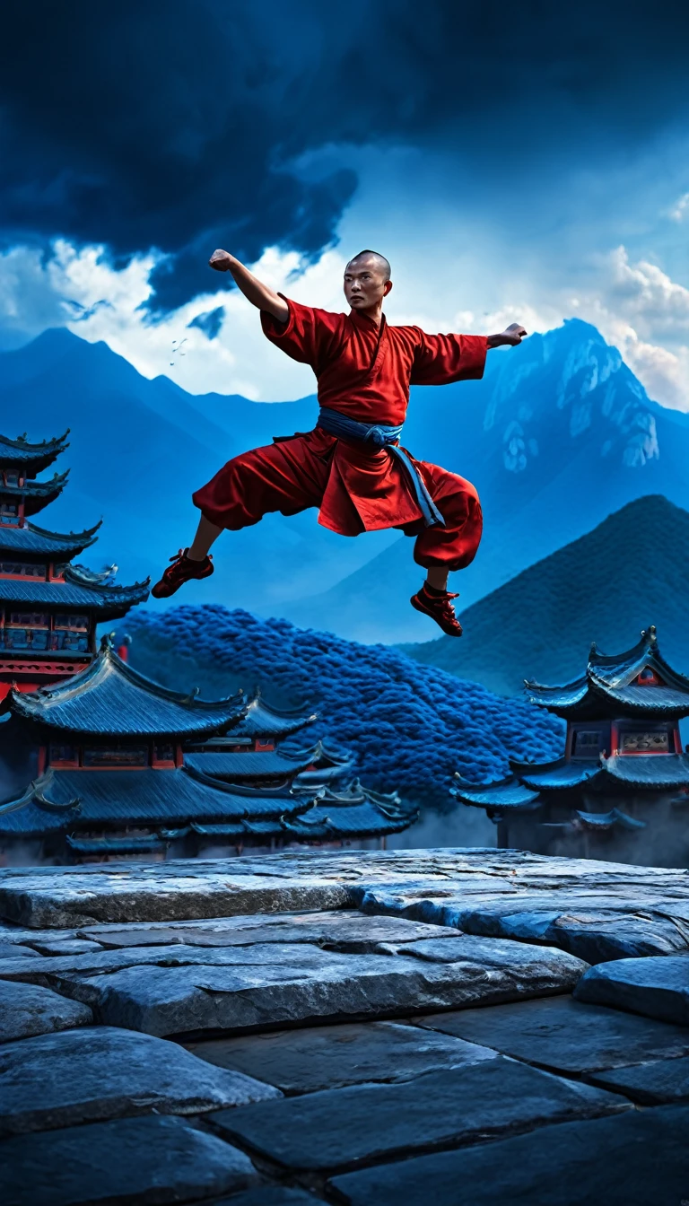 A Shaolin master in a majestic Shaolin palace, beautiful mountain landscape, dramatic battle scene, dark red clouds against a blue sky, expressive brushstrokes, anime-inspired art style, (best quality,4k,8k,highres,masterpiece:1.2),ultra-detailed,(realistic,photorealistic,photo-realistic:1.37),cinematic lighting,intricate details,dramatic atmosphere