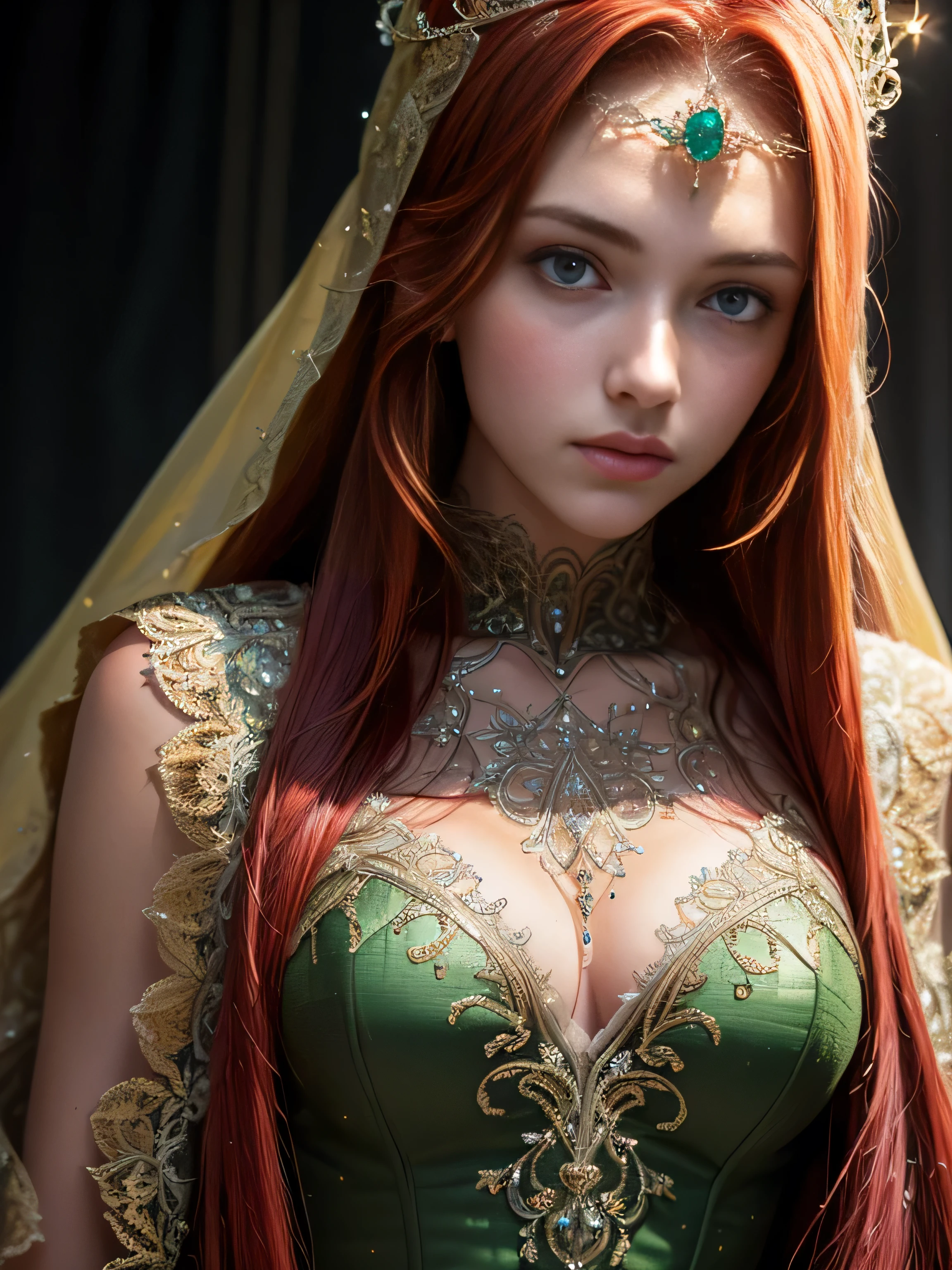 (masterpiece, photorealistic:1.4, extremely intricate:1.6), (photon mapping, radiosity, physically based rendering, ultra resolution, hyper-realistic, photorealistic:1.4, hyper-realistic, 8K, rtx), ((fourteen years old [bodybuilder:supermodel:0.5], (age girl, ((organza lace yellow gown), closeup portrait, (sparkling crown)), cloak, filigree, etched, long straight [bright red hair:blonde hair:0.8], [green eyes:clear eyes:0.5])))