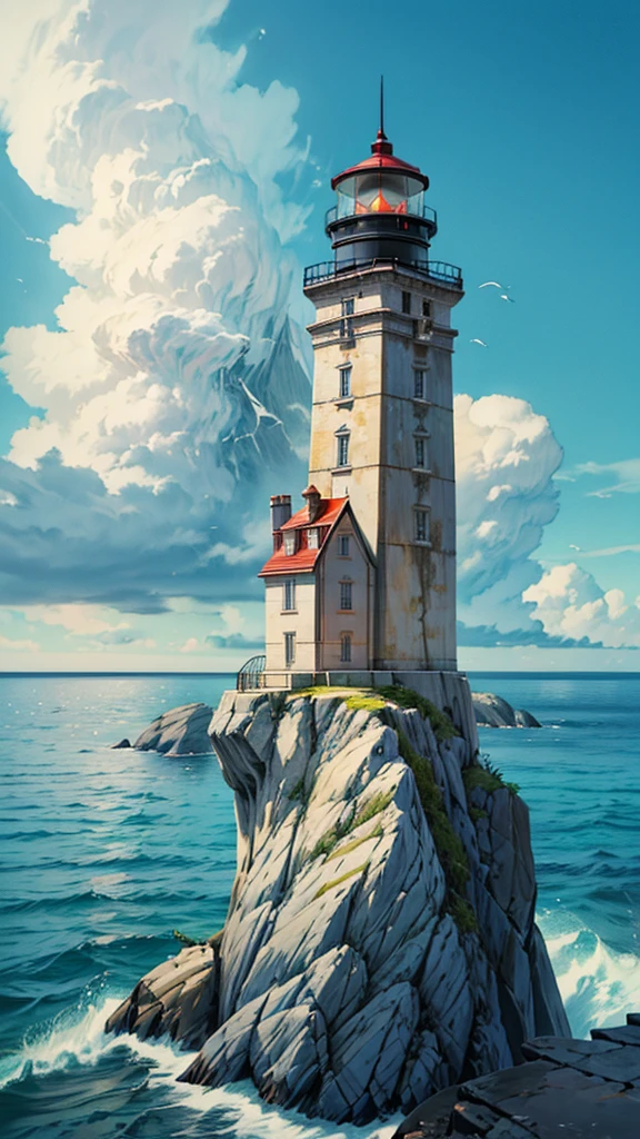 Create an AI-generated image featuring a tall, majestic lighthouse perched on a rocky cliff overlooking the sea. The lighthouse has a bright light at the top and is built in a classic style with a red-roofed house attached to its base. The sky above is filled with large, fluffy clouds, adding depth and drama to the scene. The waves crash gently against the rocks, creating a sense of serene power. The overall mood should evoke a sense of solitude, strength, and guidance, capturing the timeless beauty of a lighthouse standing strong against the elements.