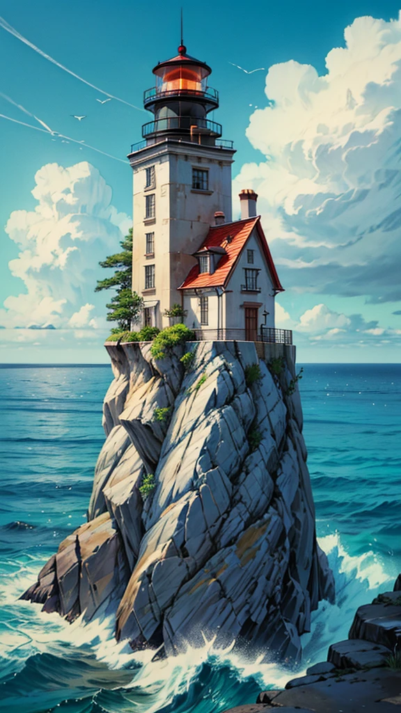 Create an AI-generated image featuring a tall, majestic lighthouse perched on a rocky cliff overlooking the sea. The lighthouse has a bright light at the top and is built in a classic style with a red-roofed house attached to its base. The sky above is filled with large, fluffy clouds, adding depth and drama to the scene. The waves crash gently against the rocks, creating a sense of serene power. The overall mood should evoke a sense of solitude, strength, and guidance, capturing the timeless beauty of a lighthouse standing strong against the elements.