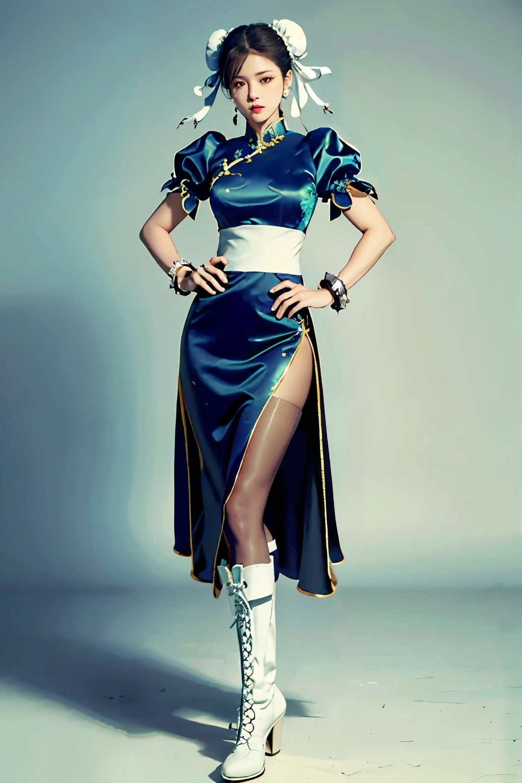 (RAW shooting, Photoreal:1.5, 8k, highest quality, masterpiece, ultra high resolution), perfect dynamic composition:1.2, Highly detailed skin and facial textures:1.2, chunli:1, beautiful and aesthetic:1.2, sexy beauty, perfect style, belief, Strong-willed, revenge, Fair skin, very beautiful face, (wearing a sexy china dress:1.2), (beautiful eyes, Eyes that feel beautiful eros:1.0), (Too erotic:0.9, Bewitching:0.9), (full body photo:1.4), (perfect limbs:1.2), (perfect fingers:1.2),(Bun head,bun cover,boots, bracelet, brown pantyhose, chinese clothes, cross-laced footwear, dress, gold trim, jewelry, pantyhose, pelvic curtain, puffy sleeves, sash, short sleeves, side slit, spiked bracelet, spikes and white footwear,large breast:2,chest gap),(simple background:1.4),(knees together),(standing:1.4),