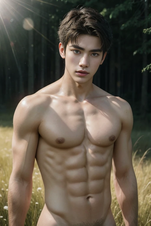 best quality, Official wallpapers, 1 boy,A young man of half-Asian, half-British descent.,handsome,cute,Good skin,dark brown hair,sunny morning,meadow,in the forest,naked,A large, beautiful penis, realistic, realistic, (EOS R8,50 mm,f1.2,8ก,raw photos:1.2), Bokeh