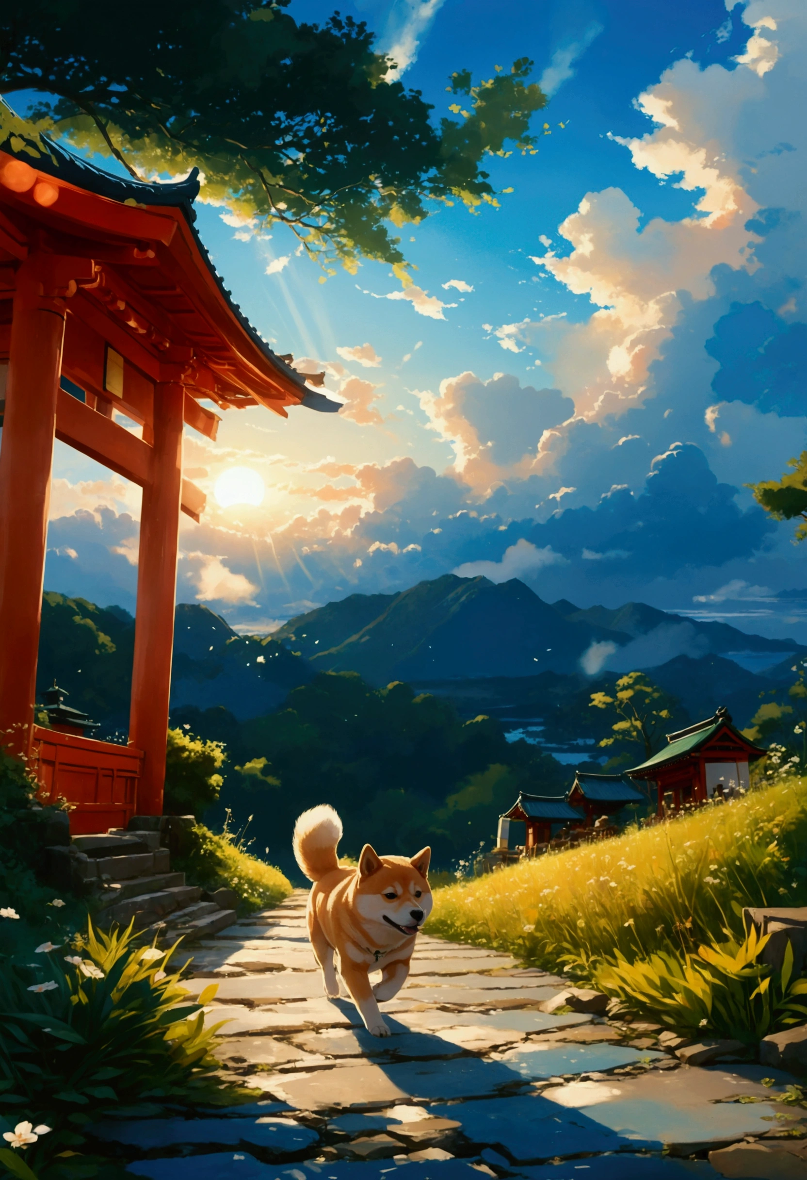 Makoto Shinkai Taste, Beautiful sky, A running Shiba Inu puppy, ,Romantic Landscape, Healing scenes, Light pours in,hope, Makoto Shinkai Taste,Detailed Description, Japanese Shrines, Sunset,