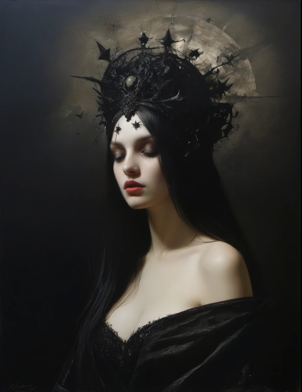James Gurney, Surrealist art , dream-like, mysterious, Provocative, symbolic, Complex, detailed,, (Gothic but very beautiful:1.4), (masterpiece, Highest quality:1.4) , Nicola Samori Style, Queen of the Night