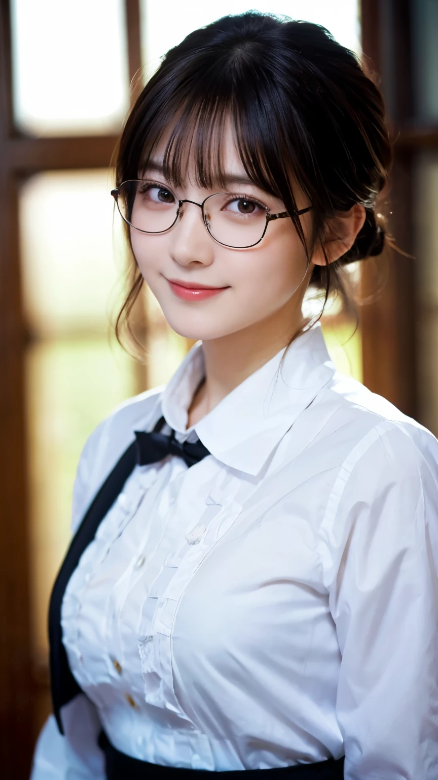 (Highest quality,masterpiece:1.3,Ultra-high resolution),(Very detailed,Caustics,8k),(Realistic:1.4,RAW shooting),A girl dressed as a butler,Japanese,boyish,smile,20-year-old,Short black hair,Glasses,Looking into the camera,Inside the Western-style building,Waist up shot,front,Face Focus,Face close-up,(Warm Light),Professional Writing