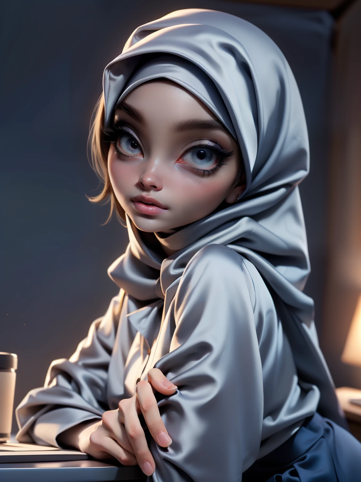 ((Masterpiece, best quality, photography, detailed skin, realistic, photo-realistic, 8k, highly detailed, full length frame, High detail RAW color art, diffused soft lighting, shallow depth of field, sharp focus, hyperrealism, cinematic lighting, hijab, a woman in a beautifully makeup, smokey eyeshadow, beautiful big eyes, long eye lashes, wearing (Dark blue satin hijab), loosely tide hijab style, ((gray satin shirt)), satin long maxi skirt, lean on office desk