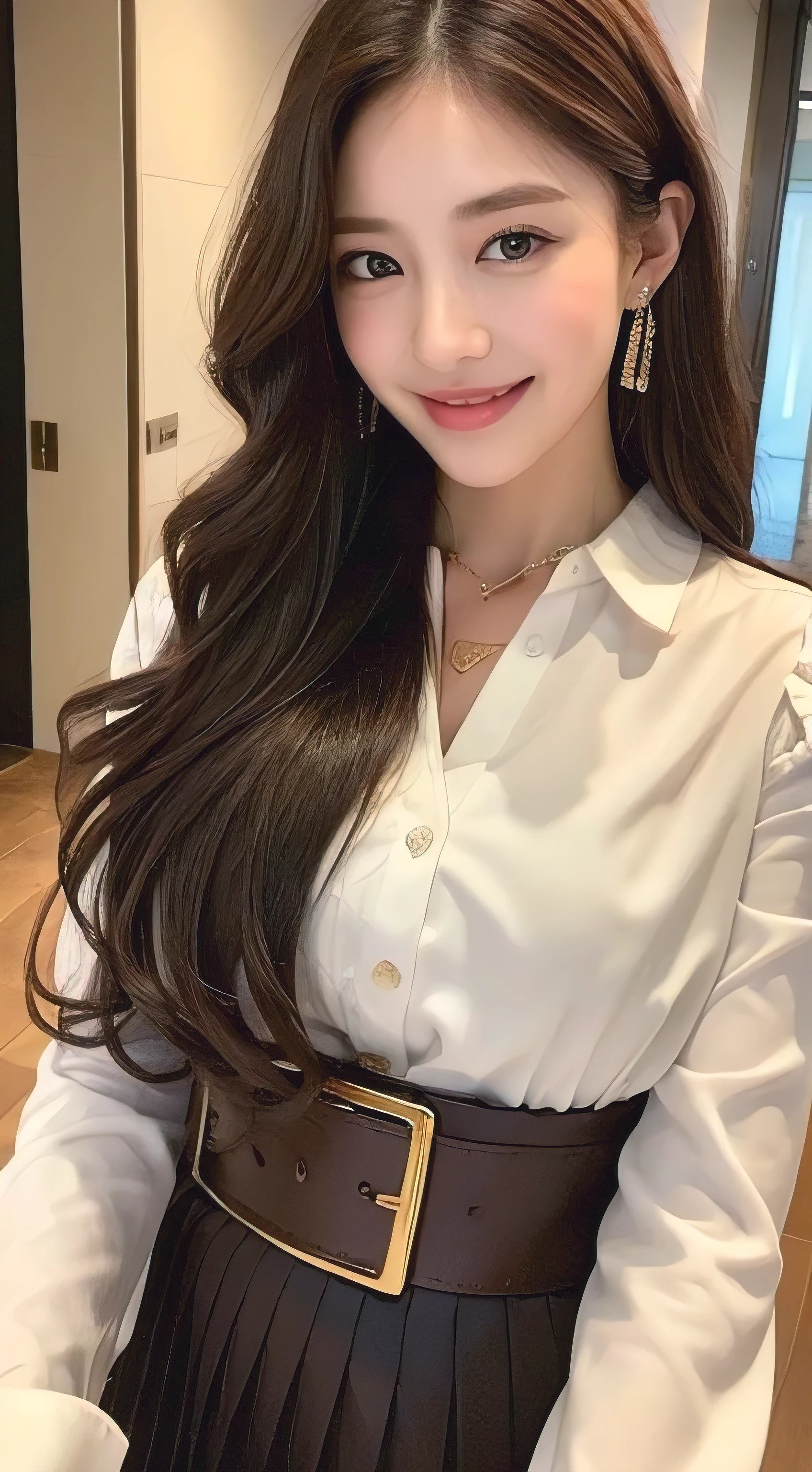 ((Highest quality, 8k, masterpiece :1.3)), 1 girl, smile, whole body, Slim face, Beautiful woman, (Dark brown hair), Full-length dress :1.1, Highly detailed face, Beautiful Eyes, double eyelid, Blur the background, Slim face, city, outside, street,Maternal Instinct、white long sleeve button up blouse_brown pleated uper long brown hair,Hair with loose waves inside,gold necklace＿Large earrings、shy smile、full figure supermodel standing, entire body in frame、while walking down the hallway:1.3