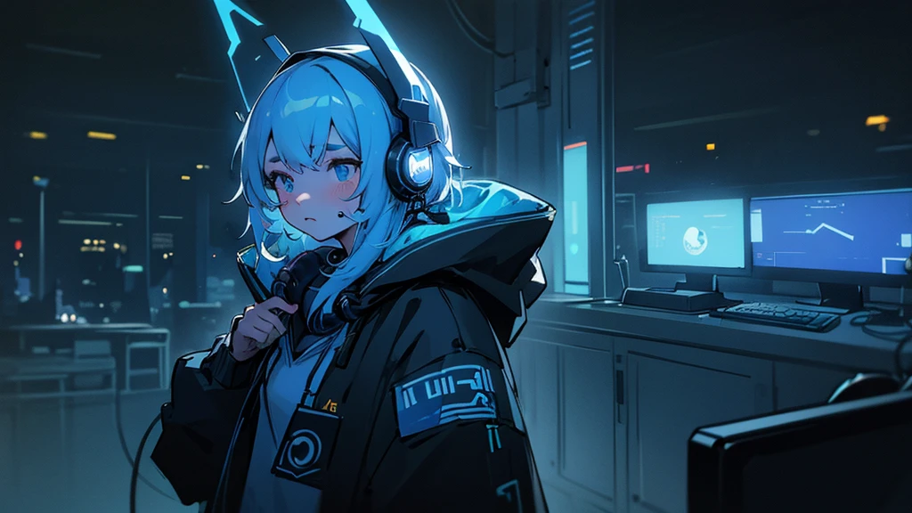  Super detailed,1 girl, alone, hoodie, Facial Contour, headphone, RGB lighting headphones, headphones with Blue lighting, headphone with cable, Blue lighting, city, night city