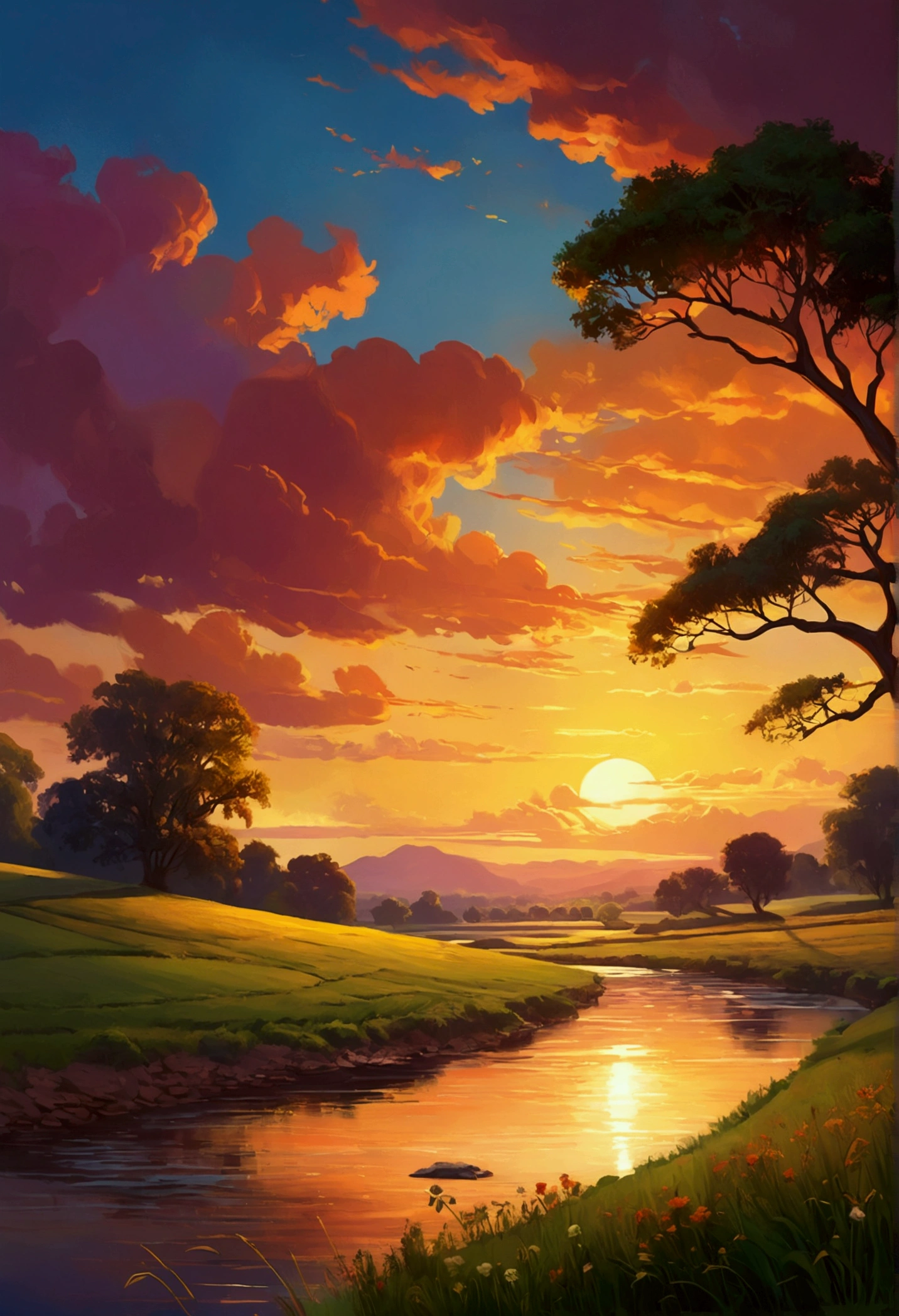 Painting of a sunset over a river, trees and fields, Digital painting inspired by RHADS, Trending on Art Station, Fantasy art, wlop and Rad, Dreamy landscape, Heavenly landscape, Rad and lois van baarle, Fantasy Landscape Painting, Detailed painting 4k, Concept Art | Rad, Bright landscape, Beautiful Art UHD 4K