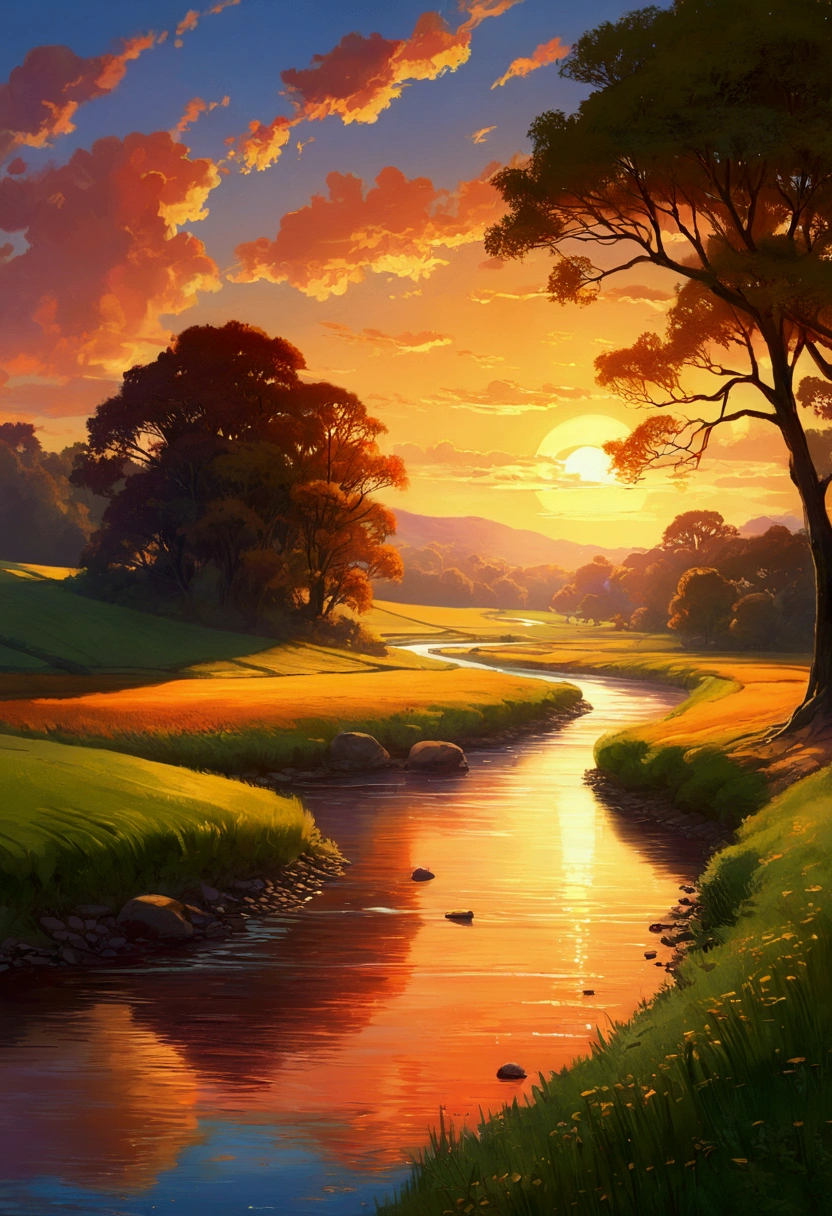 Painting of a sunset over a river, trees and fields, Digital painting inspired by RHADS, Trending on Art Station, Fantasy art, wlop and Rad, Dreamy landscape, Heavenly landscape, Rad and lois van baarle, Fantasy Landscape Painting, Detailed painting 4k, Concept Art | Rad, Bright landscape, Beautiful Art UHD 4K