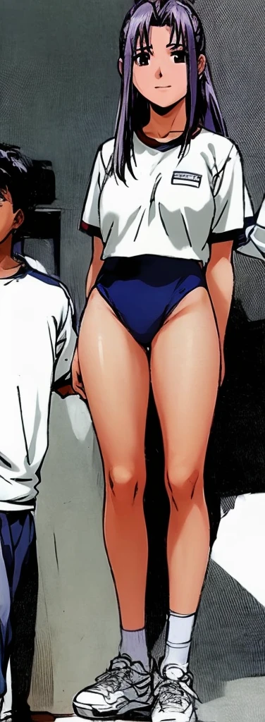Momoko Koigakubo, a tall girl with beautiful legs, is standing with a smile on her face in a white gym uniform and light navy blue bloomers that look like panties.。Momoko Koigakubo is holding a boy in a tracksuit.。