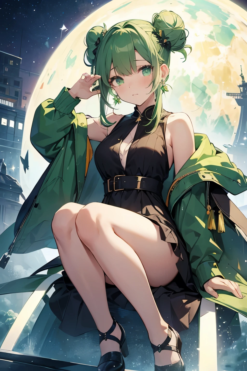 Full body、I have a smartphone、Green Hair、Bun Hair、Night sky background high resolution model, Crystal Earrings, One girl, Are crying, I want to cry, Sparkling eyes, 