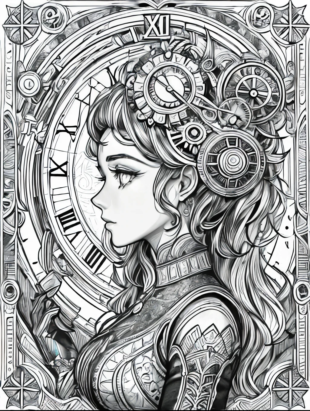 (Black and white coloring book:1.5), line drawings, masterpiece, best quality, ultra-detailed, high resolution, Very detailed face, (Eyes clear and distinct lines), Hair is white color, Upper body shot, Woman in Victorian era sci-fi style steampunk dress decorated with gears and clock parts, Hyper detailed crisp black line draw, ((simple white color))