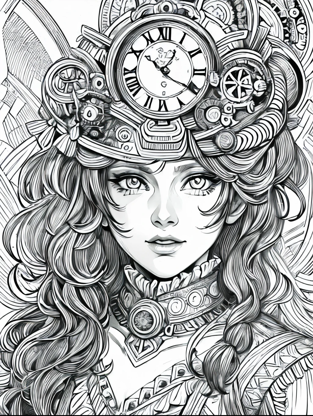 (Black and white coloring book:1.5), line drawings, masterpiece, best quality, ultra-detailed, high resolution, Very detailed face, (Eyes clear and distinct lines), Hair is white color, Upper body shot, Woman in Victorian era sci-fi style steampunk dress decorated with gears and clock parts, Hyper detailed crisp black line draw, ((simple white color))