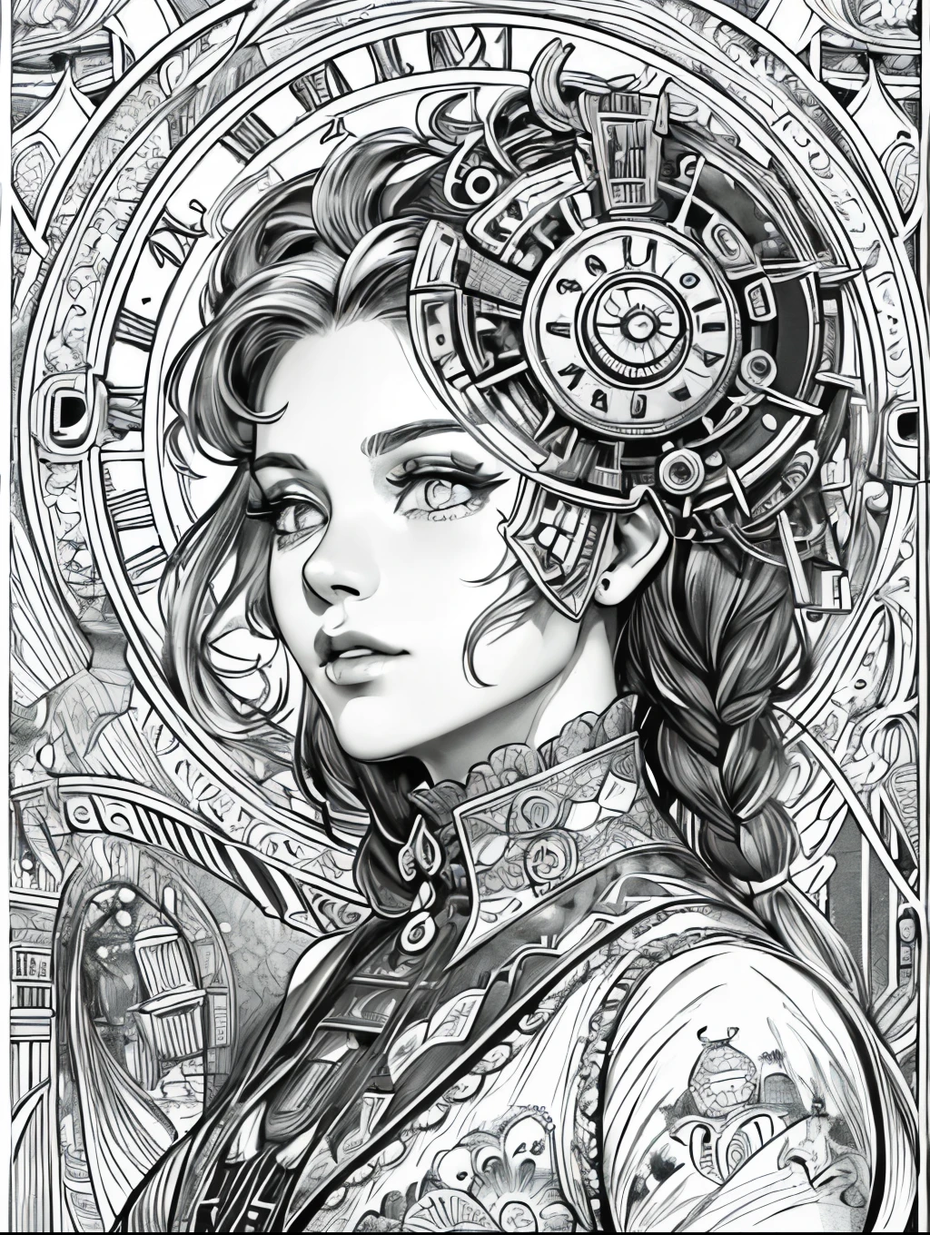 (Black and white coloring book:1.5), line drawings, masterpiece, best quality, ultra-detailed, high resolution, Very detailed face, (Eyes clear and distinct lines), Hair is white color, Upper body shot, Woman in Victorian era sci-fi style steampunk dress decorated with gears and clock parts, Hyper detailed crisp black line draw, ((simple white color))