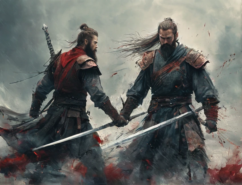 2 boys，beard，Masculinity，Blood，warrior，armor，Upper Body，Sword，Fight