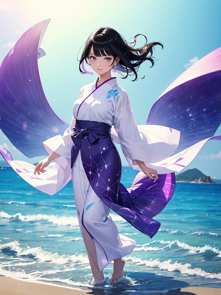 a woman with black hair and beautiful large purple eyes, wearing a white yukata, walking on a transparent sea with a mirror-like beach, background with splashes of water, full-body illustration, rainbow-colored halation, very Bright sparkling wind, beautiful watercolor painting illustration