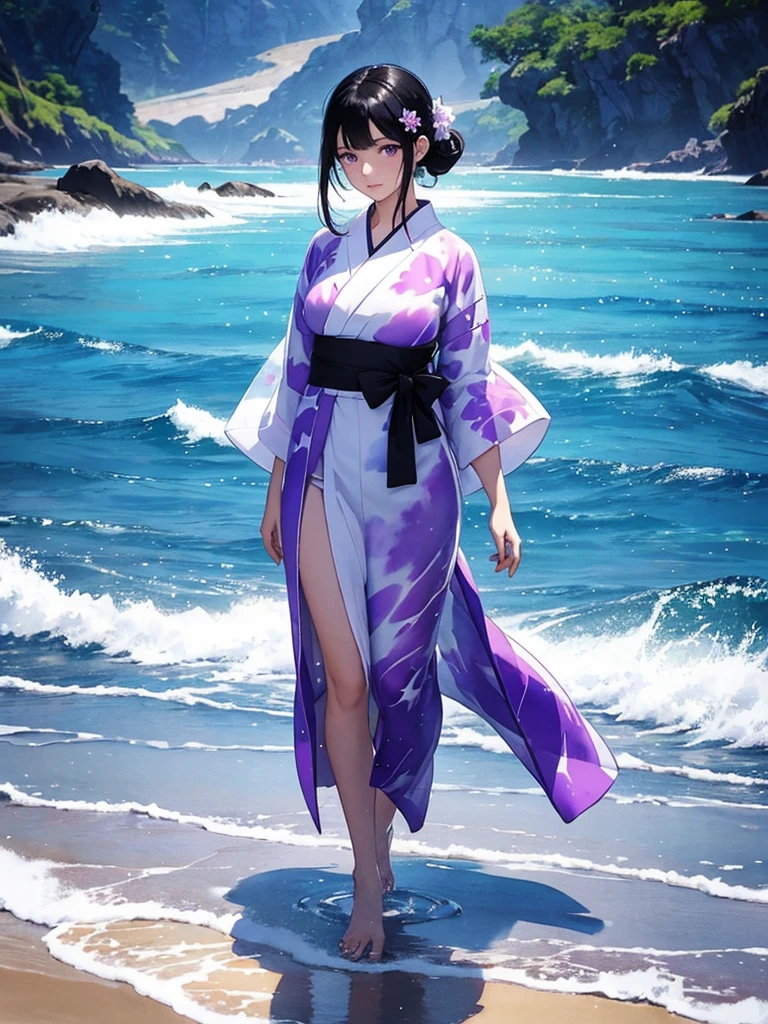 a woman with black hair and beautiful large purple eyes, wearing a white yukata, walking on a transparent sea with a mirror-like beach, background with splashes of water, full-body illustration, rainbow-colored halation, very Bright sparkling wind, beautiful watercolor painting illustration