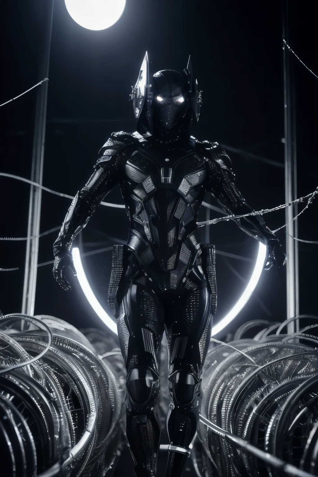 "And [EXO] highly detailed made of reflective metal, surrounded by intricate barbed wire, on a dark and minimalist background. The style is futuristic, with a focus on sharp, edgy elements and high-contrast lighting. (
shiny molten metal)"
