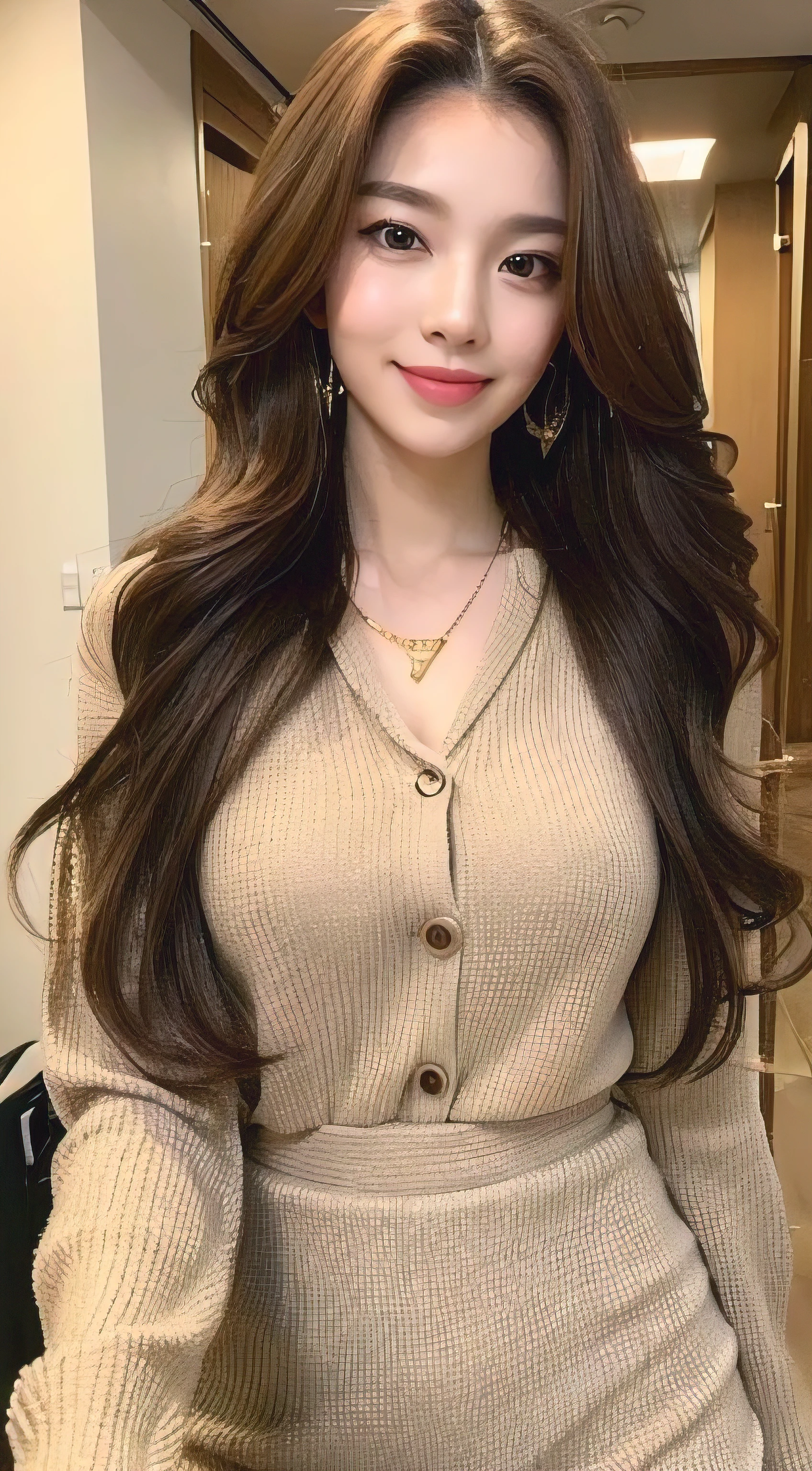 ((Highest quality, 8k, masterpiece :1.3)), 1 girl, smile, whole body, Slim face, Beautiful woman, (Dark brown hair), Full-length dress :1.1, Highly detailed face, Beautiful Eyes, double eyelid, Blur the background, Slim face, city, outside, street,Maternal Instinct、white long sleeve button up blouse_brown pleated mini skirt,Super long brown hair,Hair with loose waves inside,gold necklace_Large earrings、shy smile、full figure supermodel standing, entire body in frame、while walking down the hallway:1.3,running over here at a slight jog:1.3