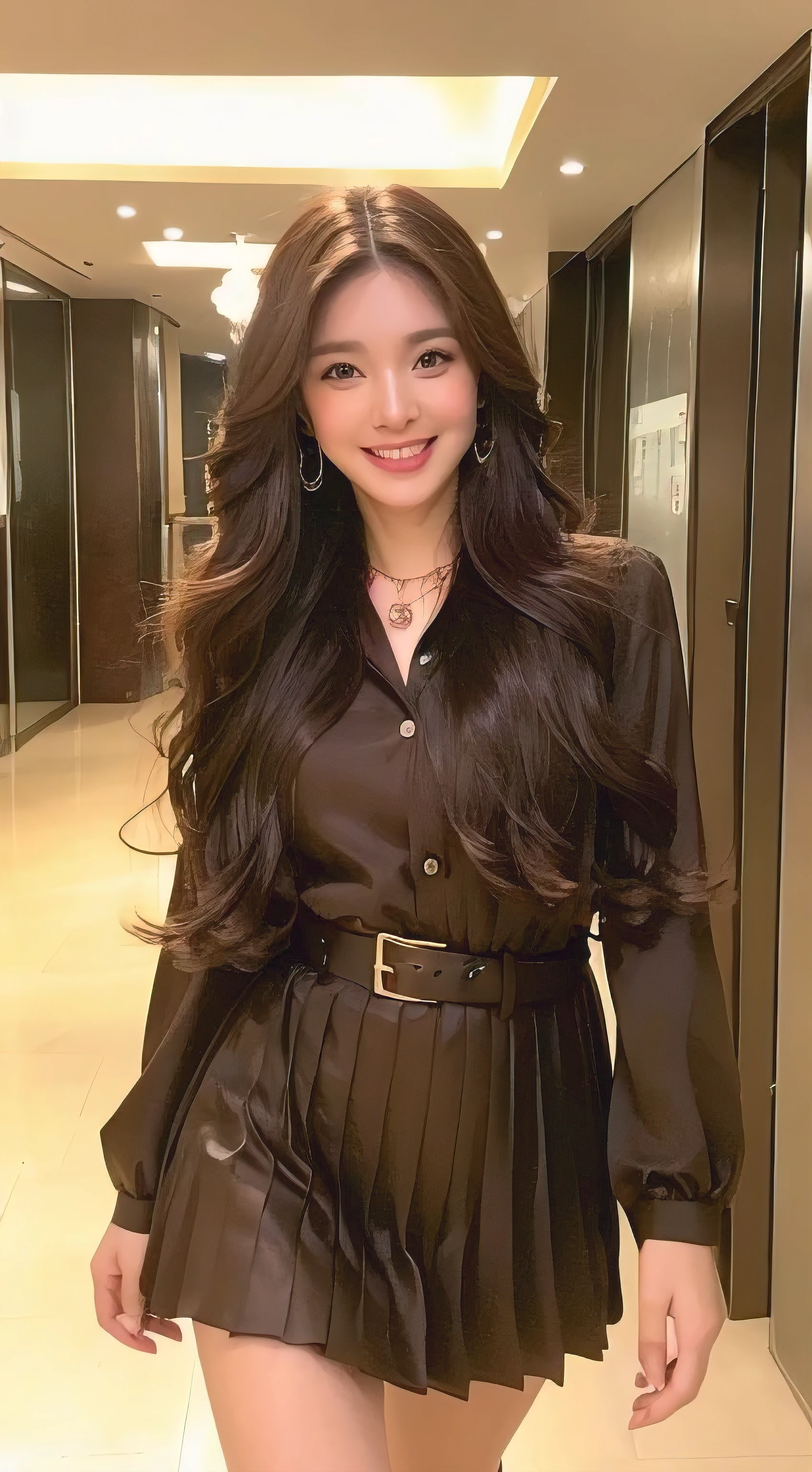 ((Highest quality, 8k, masterpiece :1.3)), 1 girl, smile, whole body, Slim face, Beautiful woman, (Dark brown hair), Full-length dress :1.1, Highly detailed face, Beautiful Eyes, double eyelid, Blur the background, Slim face, city, outside, street,Maternal Instinct、white long sleeve button up blouse_brown pleated mini skirt,Super long brown hair,Hair with loose waves inside,gold necklace＿Large earrings、shy smile、full figure supermodel standing, entire body in frame、while walking down the hallway,running over here at a slight jog,smile_Running towards here_long flowing hair