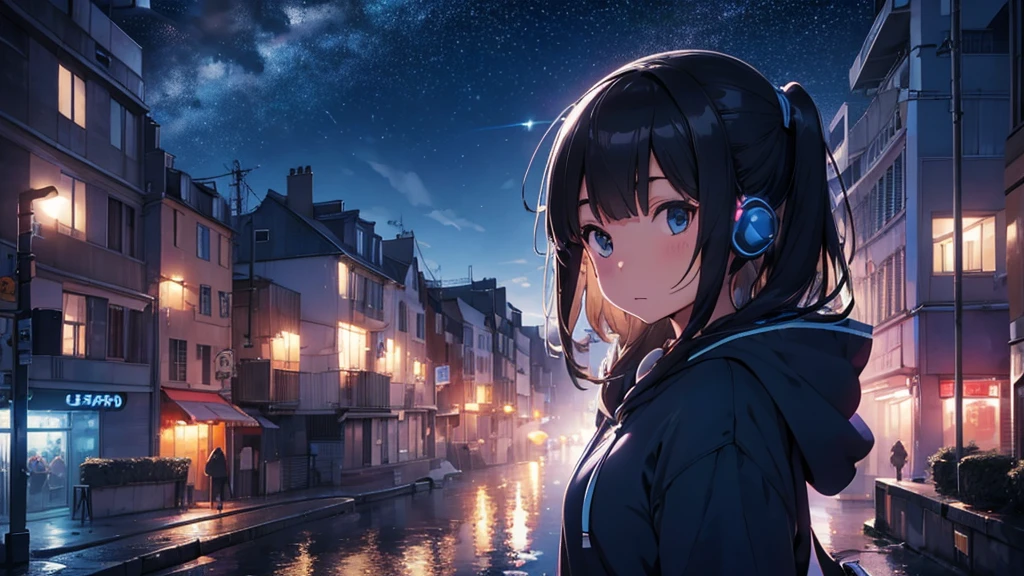  Super detailed,1 girl, alone, hoodie, Facial Contour, headphone, RGB lighting headphones, headphones with Blue lighting, headphone with cable, Blue lighting, city, night city