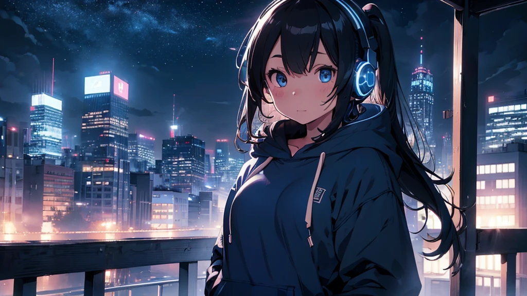  Super detailed,1 girl, alone, hoodie, Facial Contour, headphone, RGB lighting headphones, headphones with Blue lighting, headphone with cable, Blue lighting, city, night city