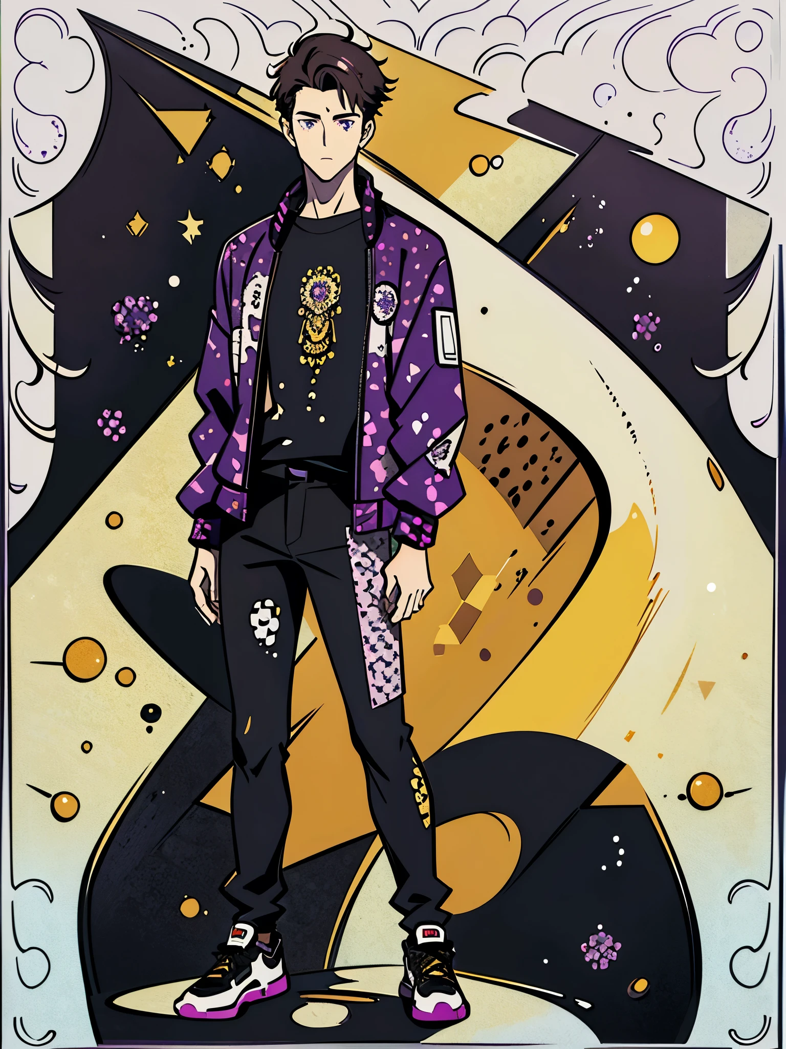 (masterpiece, best quality:1.2),illustration art，Kusama Yayoi's style，a handsome young man，brazilian beauty，pale Skin detail processing，The amber eyes are very detailed，dark hair，messy shiny hair，slim and defined，purple jacket，black shirt，black pants，white sneakers，(((Speckled pattern)))，purple，black