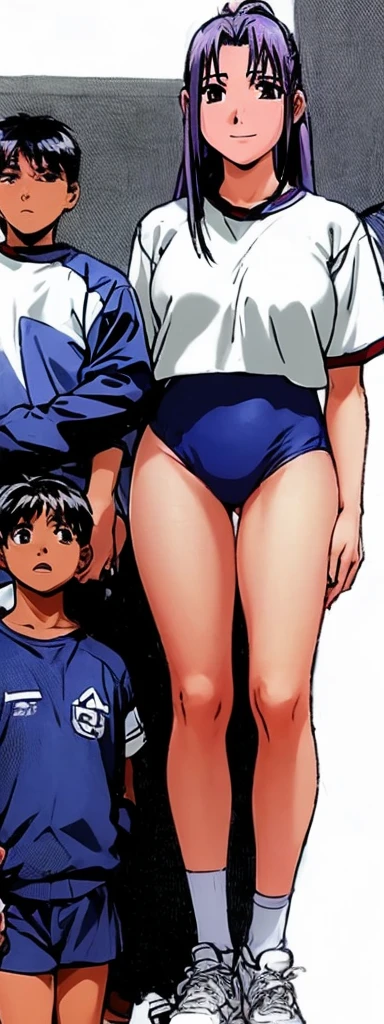 Momoko Koigakubo, a tall girl with beautiful legs, is standing with a smile on her face in a white gym uniform and light navy blue bloomers that look like panties.。Momoko Koigakubo is holding a fifth grade boy in a tracksuit.。