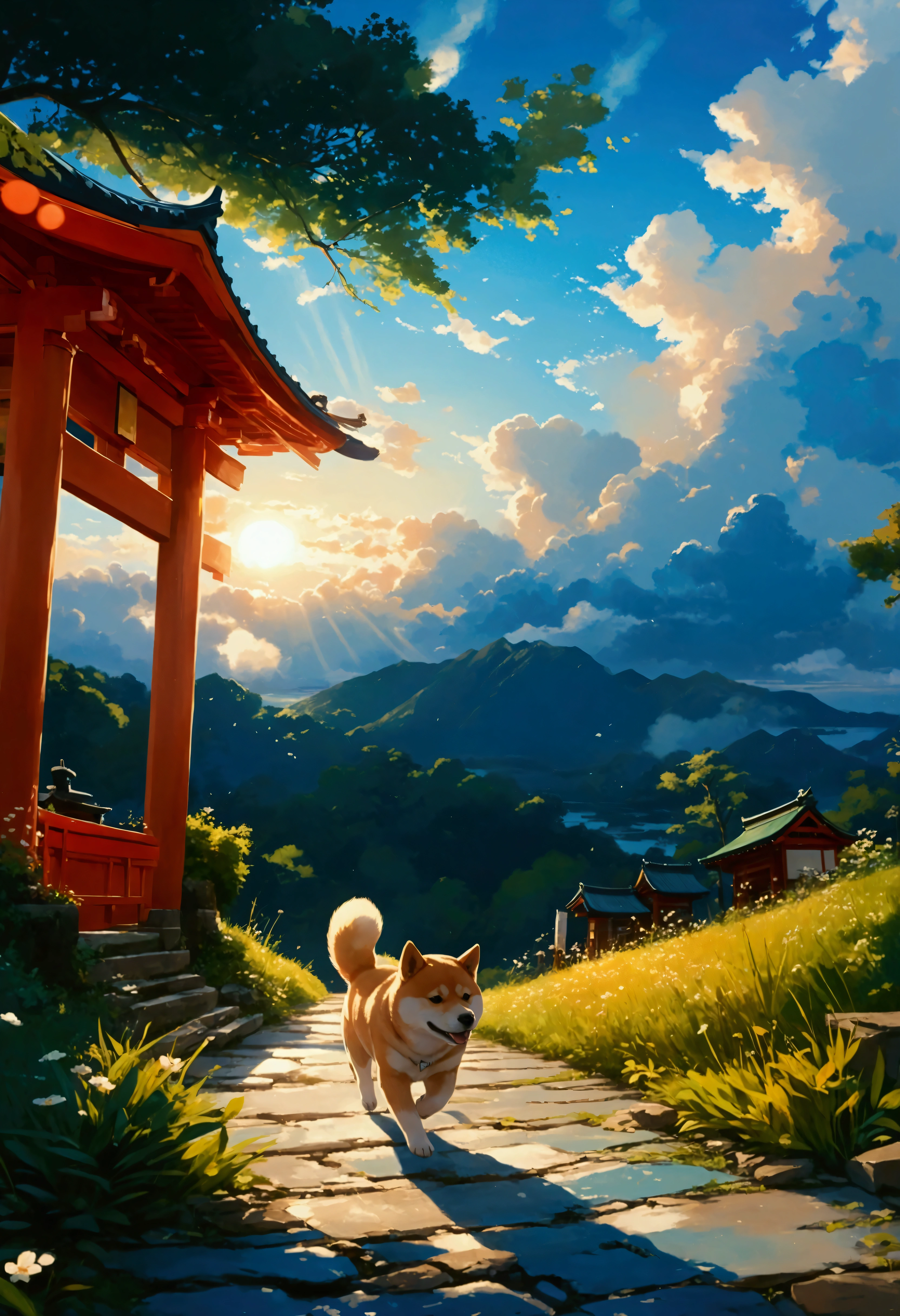 Makoto Shinkai Taste, Beautiful sky, A running Shiba Inu puppy, ,Romantic Landscape, Healing scenes, Light pours in,hope, Makoto Shinkai Taste,Detailed Description, Japanese Shrines, Sunset,