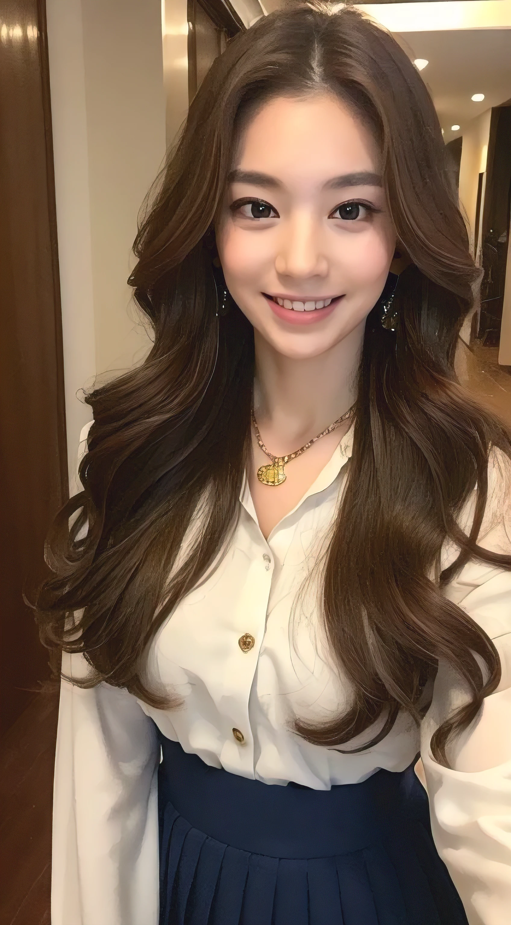 ((Highest quality, 8k, masterpiece :1.3)), 1 girl, smile, whole body, Slim face, Beautiful woman, (Dark brown hair), Full-length dress :1.1, Highly detailed face, Beautiful Eyes, double eyelid, Blur the background, Slim face, city, outside, street,Maternal Instinct、white long sleeve button up blouse_brown pleated mini skirt,Super long brown hair,Hair with loose waves inside,gold necklace_Large earrings、shy smile、full figure supermodel standing, entire body in frame、while walking down the hallway,running over here at a slight jog,smile_Running towards here_long flowing hair