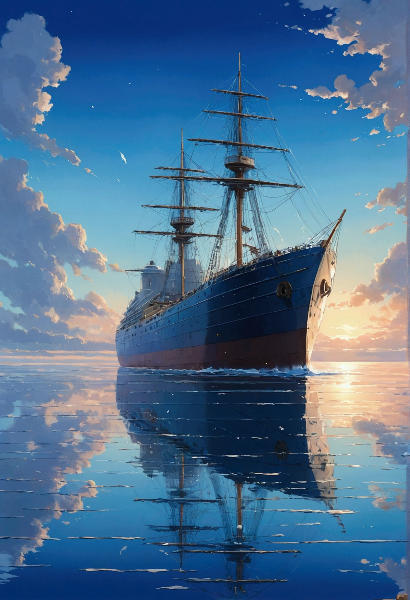 There is a picture of a ship sailing on the sea., Paintings by Makoto Shinkai, pixiv Contest Winner, Romanticism, blue sea. by Makoto Shinkai, reflection. by Makoto Shinkai, Space Sky. by Makoto Shinkai, Makoto Shinkai. —h 2160, by Makoto Shinkai