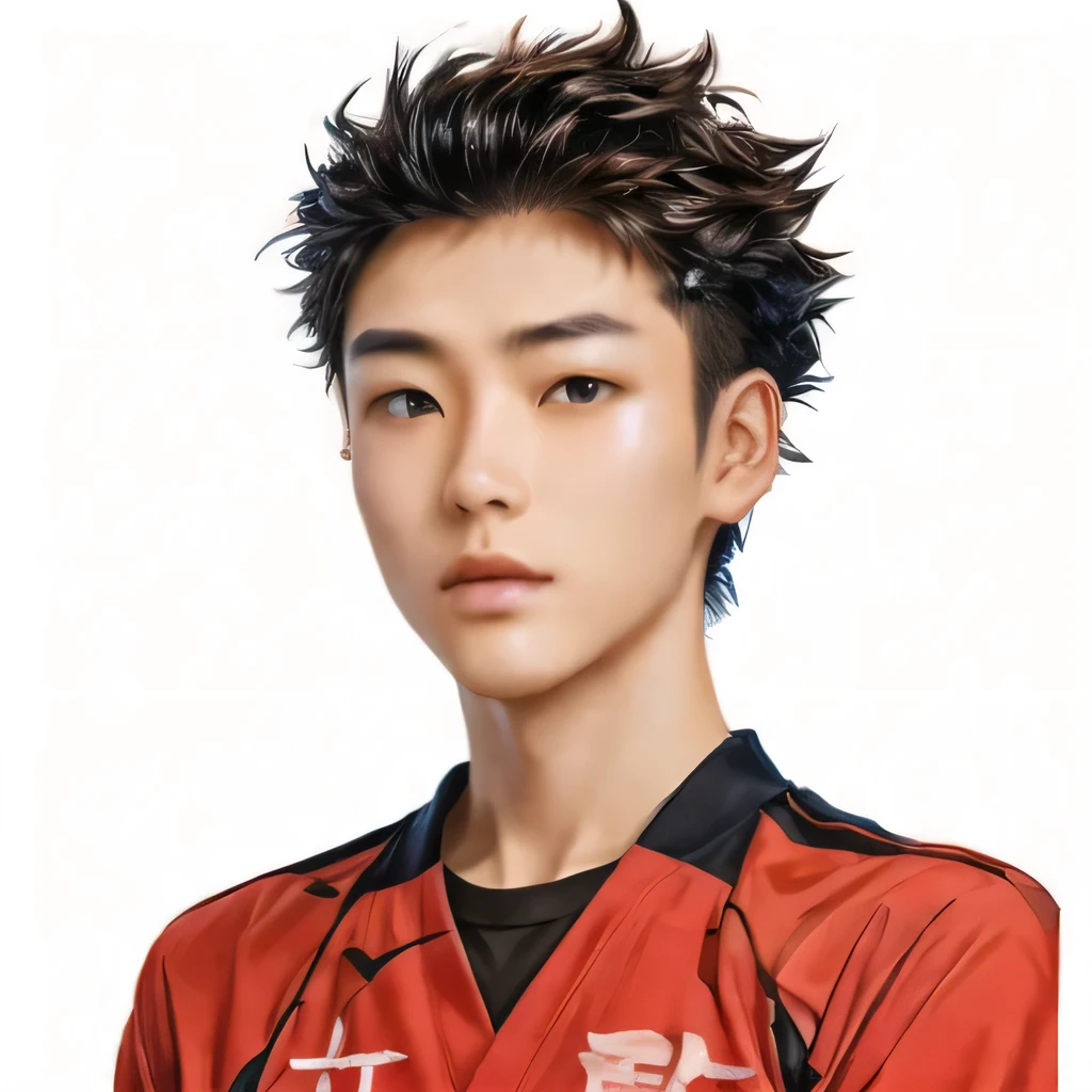 japanese boy with short hair and a red shirt, spiky hair, realistic, best quality, uhd