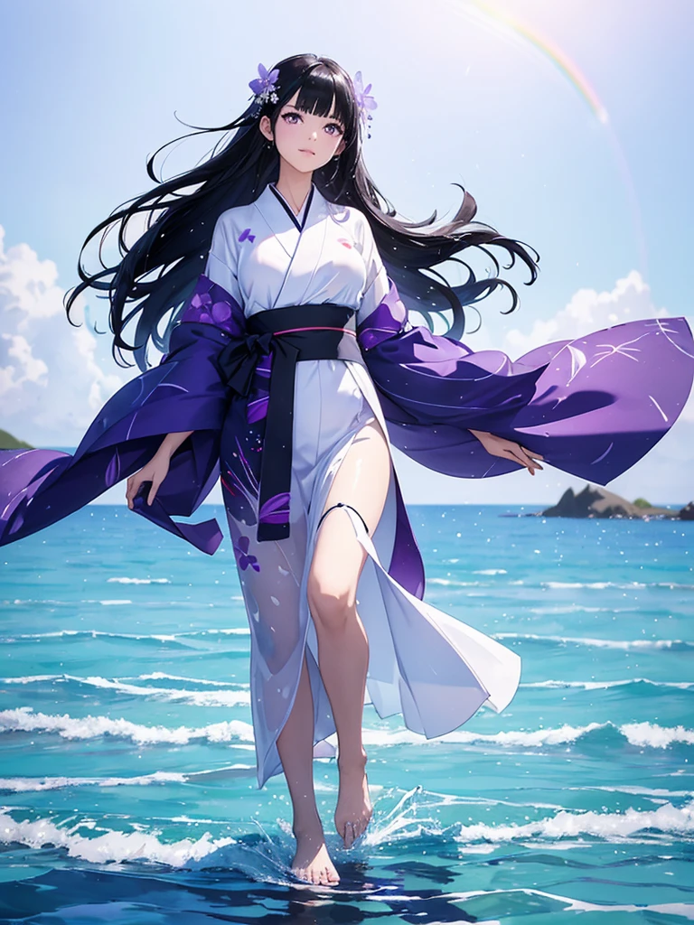 a woman with black hair and beautiful large purple eyes, wearing a white yukata, walking on a transparent sea with a mirror-like beach, background with splashes of water, full-body illustration, rainbow-colored halation, very Bright sparkling wind, beautiful watercolor painting illustration