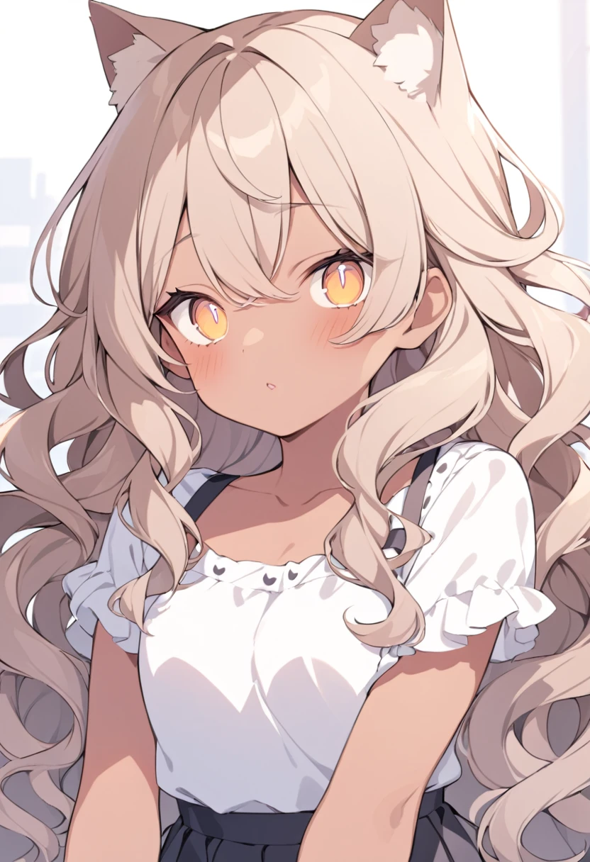 Make a female character with wavy hair and dark skin, with small, cat-shaped eyes
