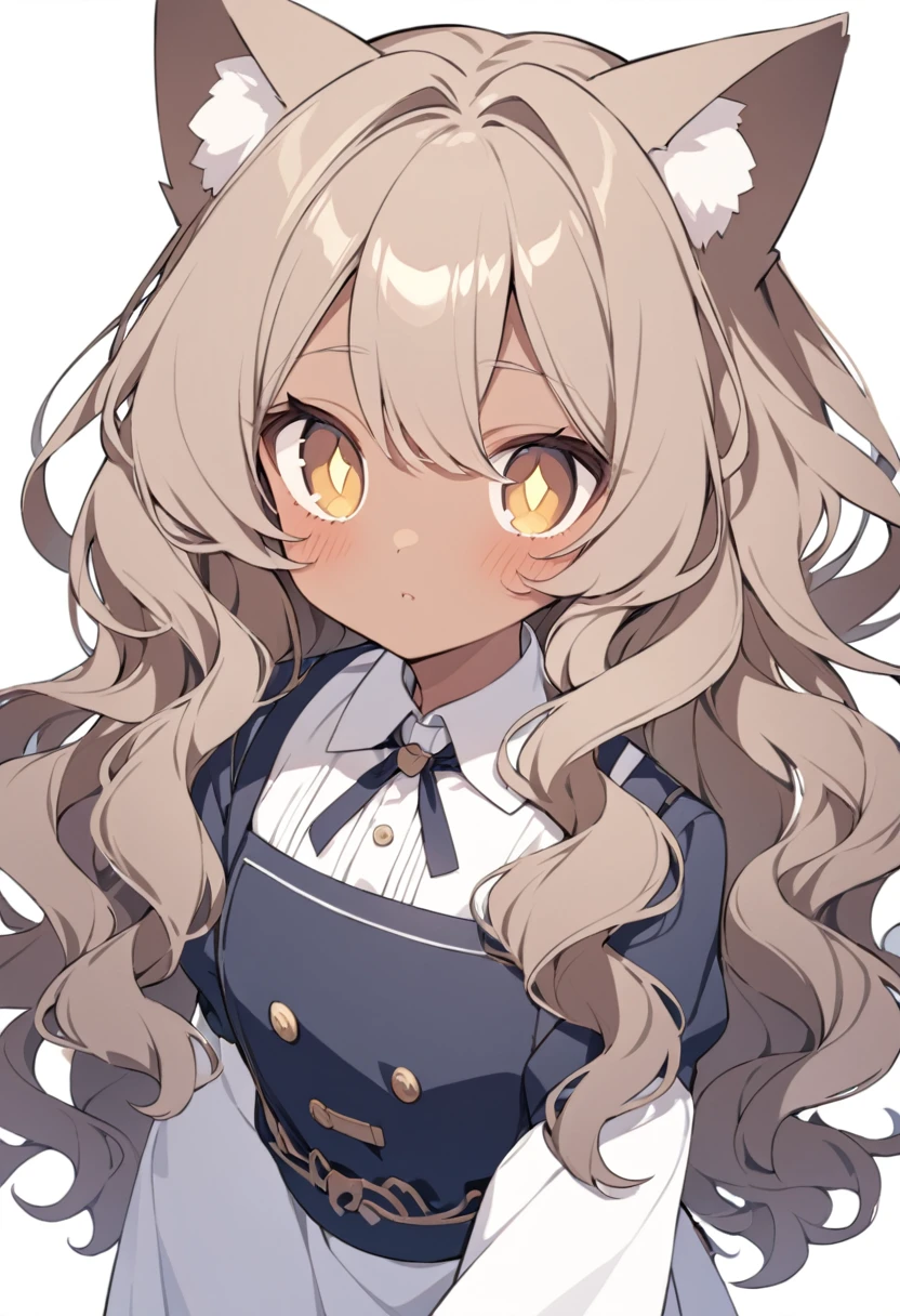 Make a female character with wavy hair and dark skin, with small, cat-shaped eyes