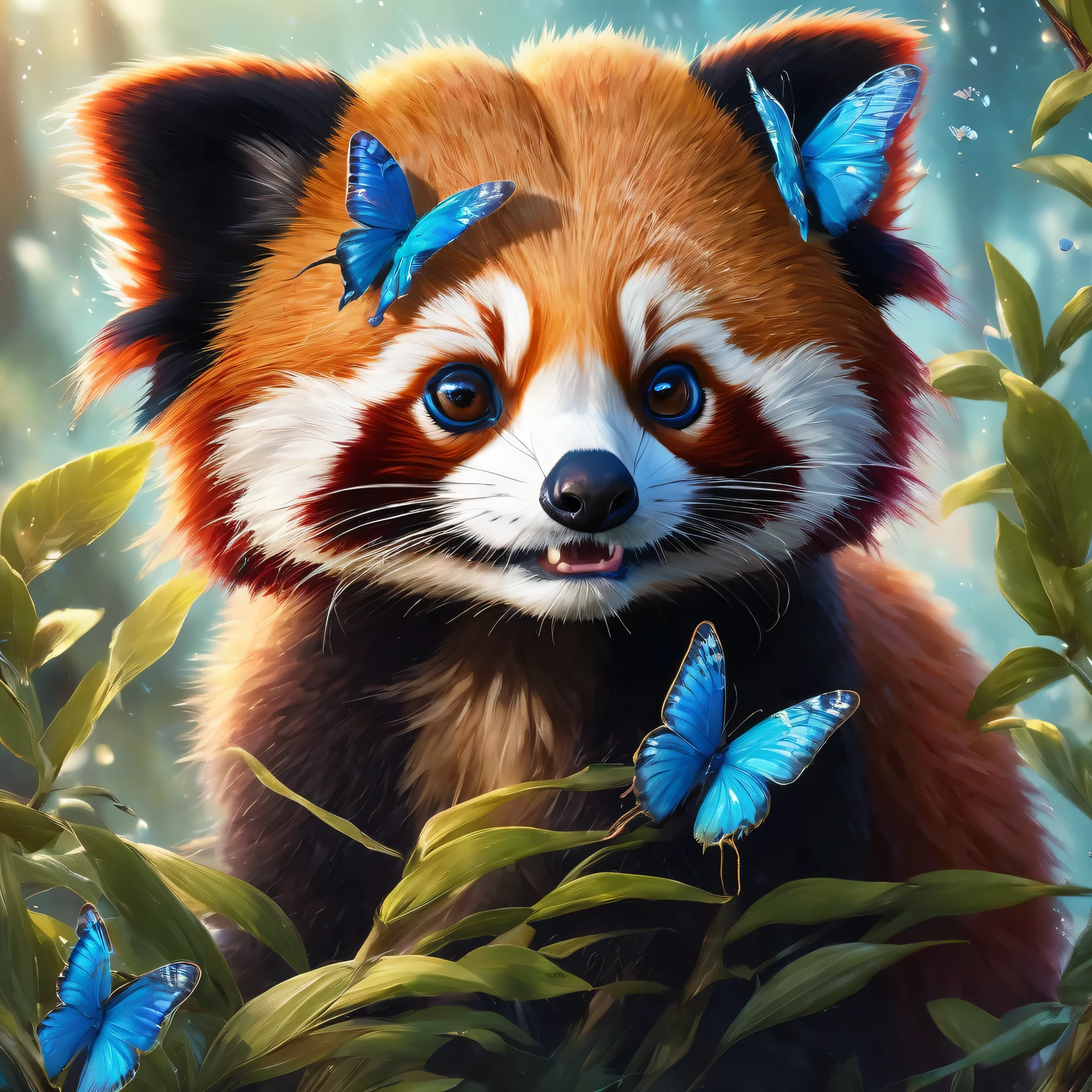 A hyper-realistic close up Portrait, digital artwork of an adorable cute wacky baby red panda while looking curiously to a blue butterfly, with blue, expressive eyes. The fur of the red panda is dense and textured, with each hair finely detailed and shimmering with tiny sparks under a dimly lit sunny day. Sakura petals fall around it, adding to the magical, serene atmosphere. The scene is set on a surface that resembles a garden full of colorful flowers. Cinematic film still, shot on v-raptor XL, film grain, vignette, color graded, post-processed, cinematic lighting, 35mm film, live-action, best quality, atmospheric, a masterpiece, epic, stunning, dramatic
