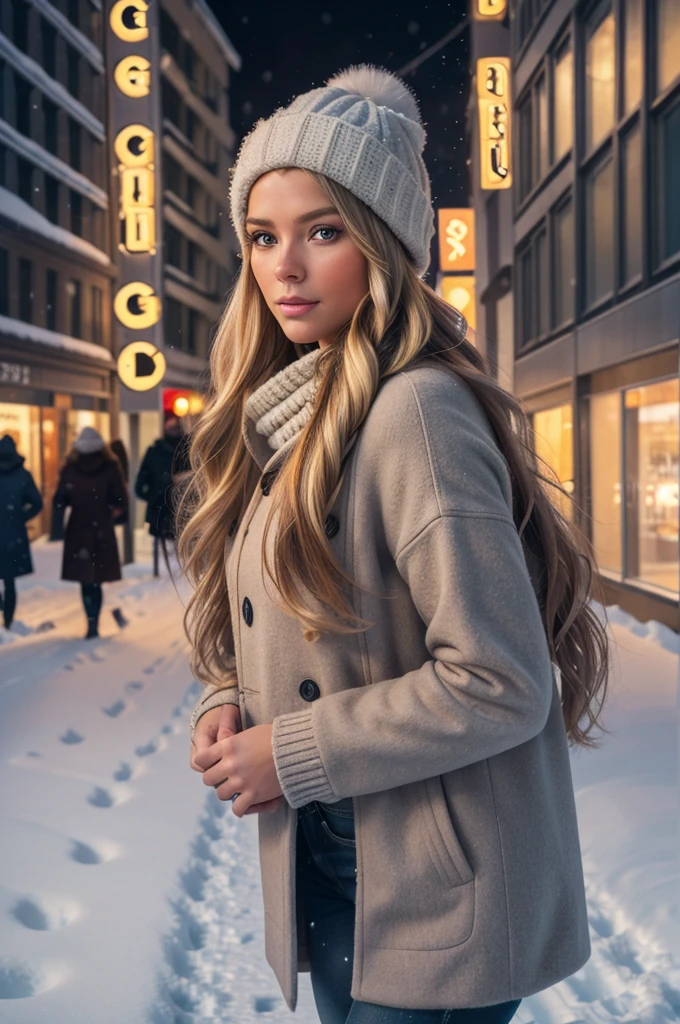 professional portrait photograph of a gorgeous Norwegian girl in winter clothing with long wavy blonde hair, sultry flirty look, gorgeous symmetrical face, cute natural makeup, wearing elegant warm winter fashion clothing, ((standing outside in snowy city street)), stunning modern urban environment, ultra realistic, concept art, elegant, highly detailed, intricate, sharp focus, depth of field, f/1. 8, 85mm, medium shot, mid shot, (((professionally color graded))), bright soft diffused light, (volumetric fog), trending on instagram, hdr 4k, 8k