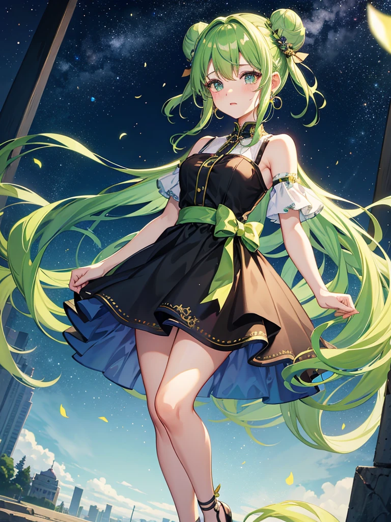 Full body、I have a smartphone、Green Hair、Bun Hair、Night sky background high resolution model, Crystal Earrings, One girl, Are crying, I want to cry, Sparkling eyes,