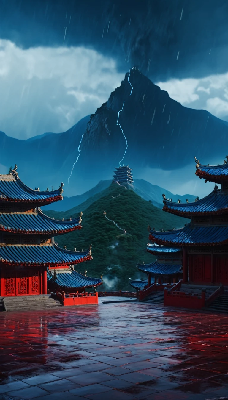 Chaina , Shaolin,Shaolin palace, beautiful mountain landscape, dramatic battle scene, dark red clouds against a blue sky, expressive brushstrokes, anime-inspired art style, (best quality,4k,8k,highres,masterpiece:1.2),ultra-detailed,(realistic,photorealistic,photo-realistic:1.37),cinematic lighting,intricate details,dramatic atmosphere, raining day,battel ground, Shaolin low angle view