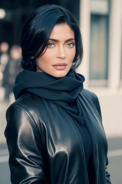 kylie1,1girl, solo, (realistic),(hyperrealism),(best quality),(masterpiece),(ultra high res),(photorealistic),(film grain),(upper body),eye makeup,detailed eyes,detailed face,black jacket, scarf, posing for a photo, outdoors,