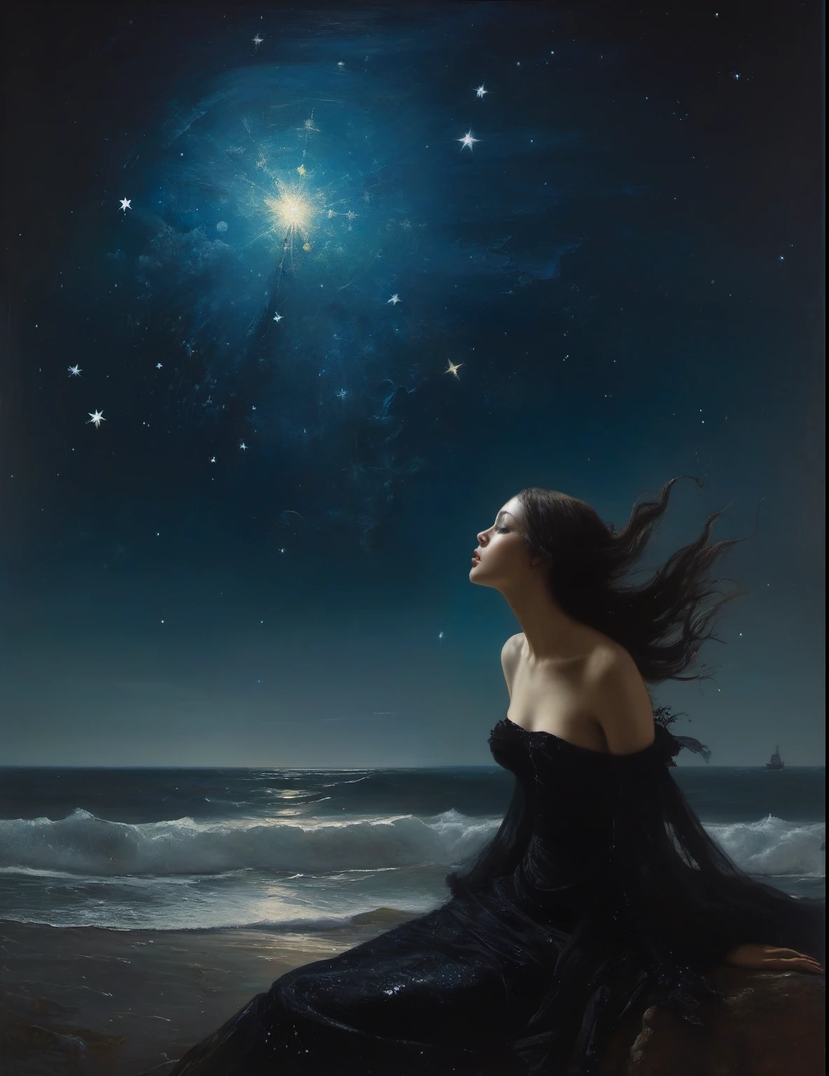 James Gurney, Surrealist art , dream-like, Mysterious, Provocative, symbolic, Complex, detailed,, (Gothic but very beautiful:1.4), (masterpiece, highest quality:1.4) , Nicola Samori Style,  Woman kneeling by the water; Dip one foot in water、One foot on land.[2] There is a big star above her head, Show her true nature, And seven little stars, Represents the chakras