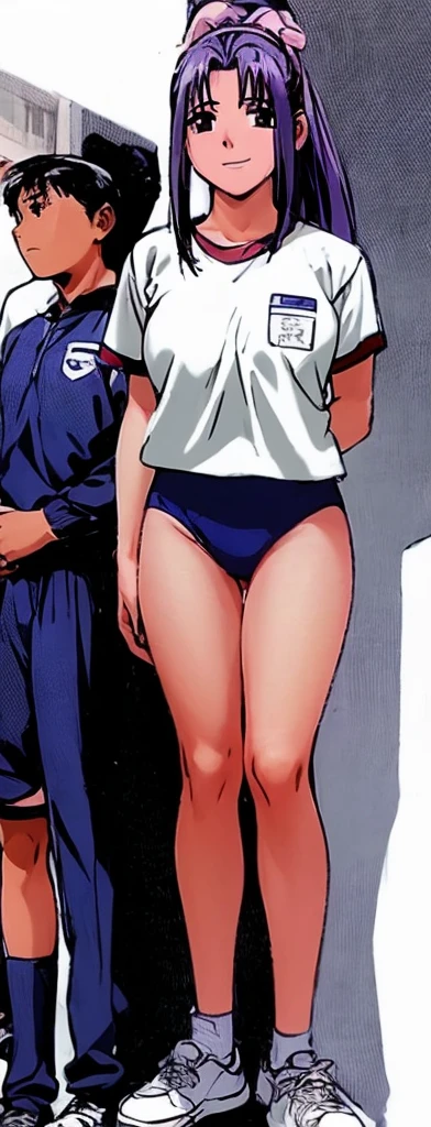 Momoko Koigakubo, a tall girl with beautiful legs, is standing with a smile on her face in a white gym uniform and light navy blue bloomers that look like panties.。Momoko Koigakubo is holding a fifth grade boy in a tracksuit.。