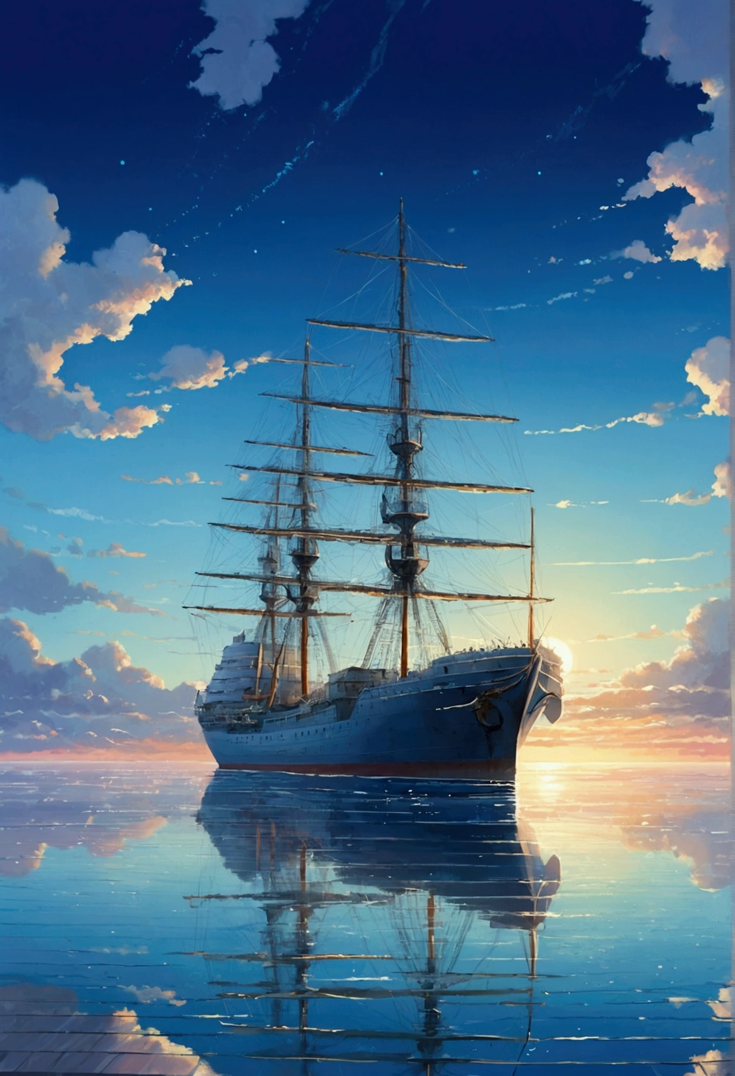 There is a picture of a ship sailing on the sea.,The ship is small、The ship gets smaller as it sails。 Paintings by Makoto Shinkai, pixiv Contest Winner, Romanticism, blue sea. by Makoto Shinkai, reflection. by Makoto Shinkai, Space Sky. by Makoto Shinkai, Makoto Shinkai. —h 2160, by Makoto Shinkai