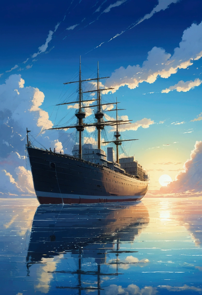 There is a picture of a ship sailing on the sea.,The ship is small、The ship gets smaller as it sails。 Paintings by Makoto Shinkai, pixiv Contest Winner, Romanticism, blue sea. by Makoto Shinkai, reflection. by Makoto Shinkai, Space Sky. by Makoto Shinkai, Makoto Shinkai. —h 2160, by Makoto Shinkai