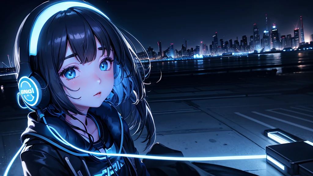  Super detailed,1 girl, alone,Facial Contour, headphone, RGB lighting headphones, headphones with Blue lighting, headphone with cable, Blue lighting, city, night city