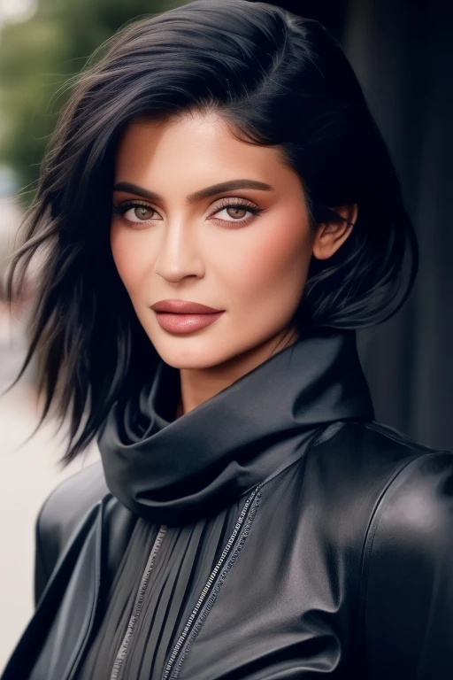 kylie1,1girl, solo, (realistic),(hyperrealism),(best quality),(masterpiece),(ultra high res),(photorealistic),(film grain),(upper body),eye makeup,detailed eyes,detailed face,black jacket, scarf, posing for a photo, outdoors,