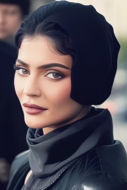 kylie1,1girl, solo, (realistic),(hyperrealism),(best quality),(masterpiece),(ultra high res),(photorealistic),(film grain),(upper body),eye makeup,detailed eyes,detailed face,black jacket, scarf, posing for a photo, outdoors, 