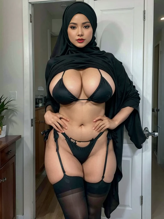 (double exposure), (full body photo), A (naked) huge breasts gorgeous matured teacher stand behind door,((35 year old)), ((malay women)), slightly curvy fit body shape, wearing ((stockings)), ((black hijab)), smirk, indoor,door,islamic style,arabic calyraphy,wall,, pov, solo, single, (NSFW), texture, ultra high res, RAW, instagram LUT, masterpiece, best quality, ultra-detailed, ultra high resolution, RAW, 4k, (looking at viewer), extremely detailed eyes and face, (beautiful detailed nose), (beautiful detailed thigh), (beautiful detailed eyes), perfect body proportion, (looking at the camera),smirk, red lips, ,(bare belly)'s,(NSFW:1.2),(uncensored),(uncensored vagina:1.2),a black wedding veil,smirk